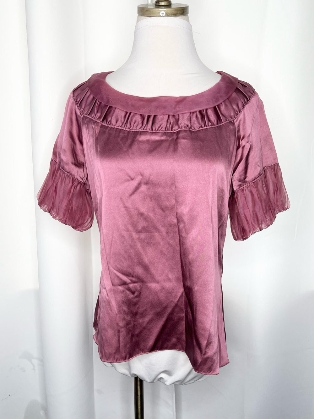 ELIE TAHARI SILK BLEND PINK MAUVE RUFFLE NECK PUFF SLEEVE BLOUSE